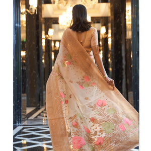 Cream Woven Linen Saree