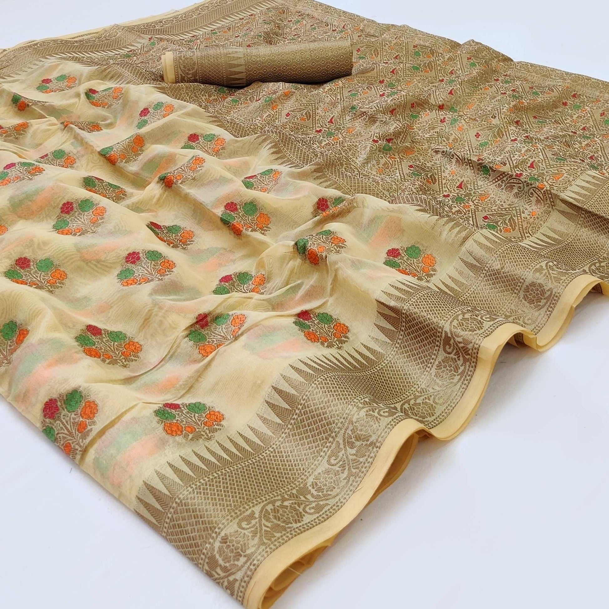 Cream Woven Organza Saree
