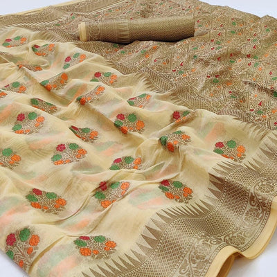 Cream Woven Organza Saree