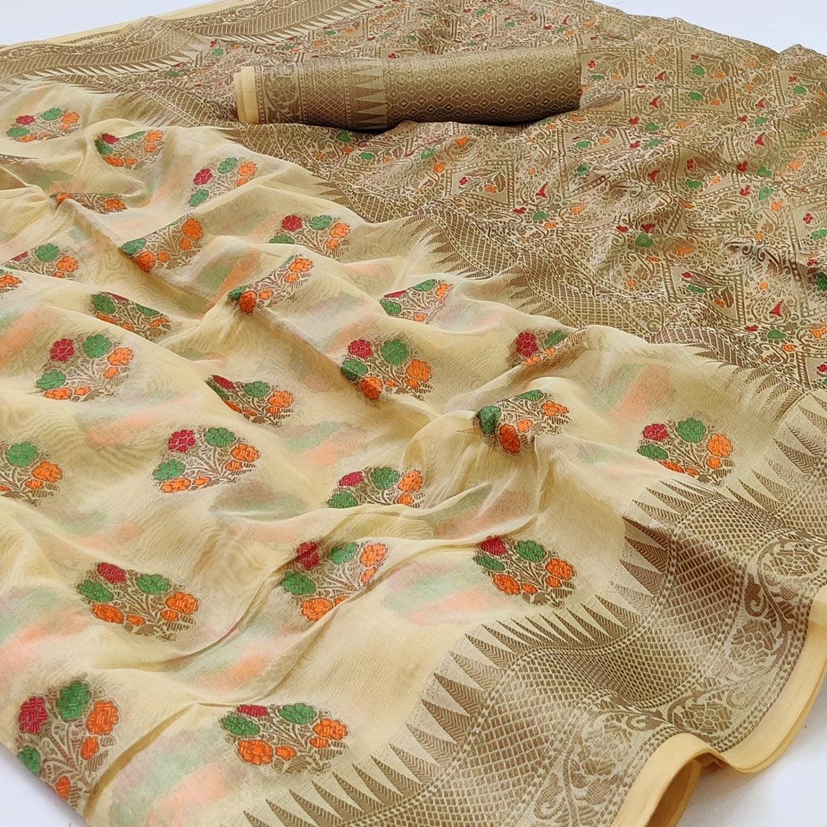 Cream Woven Organza Saree