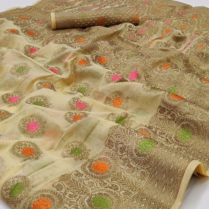 Cream Woven Organza Saree