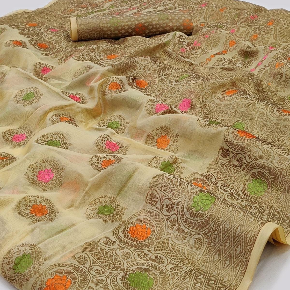 Cream Woven Organza Saree