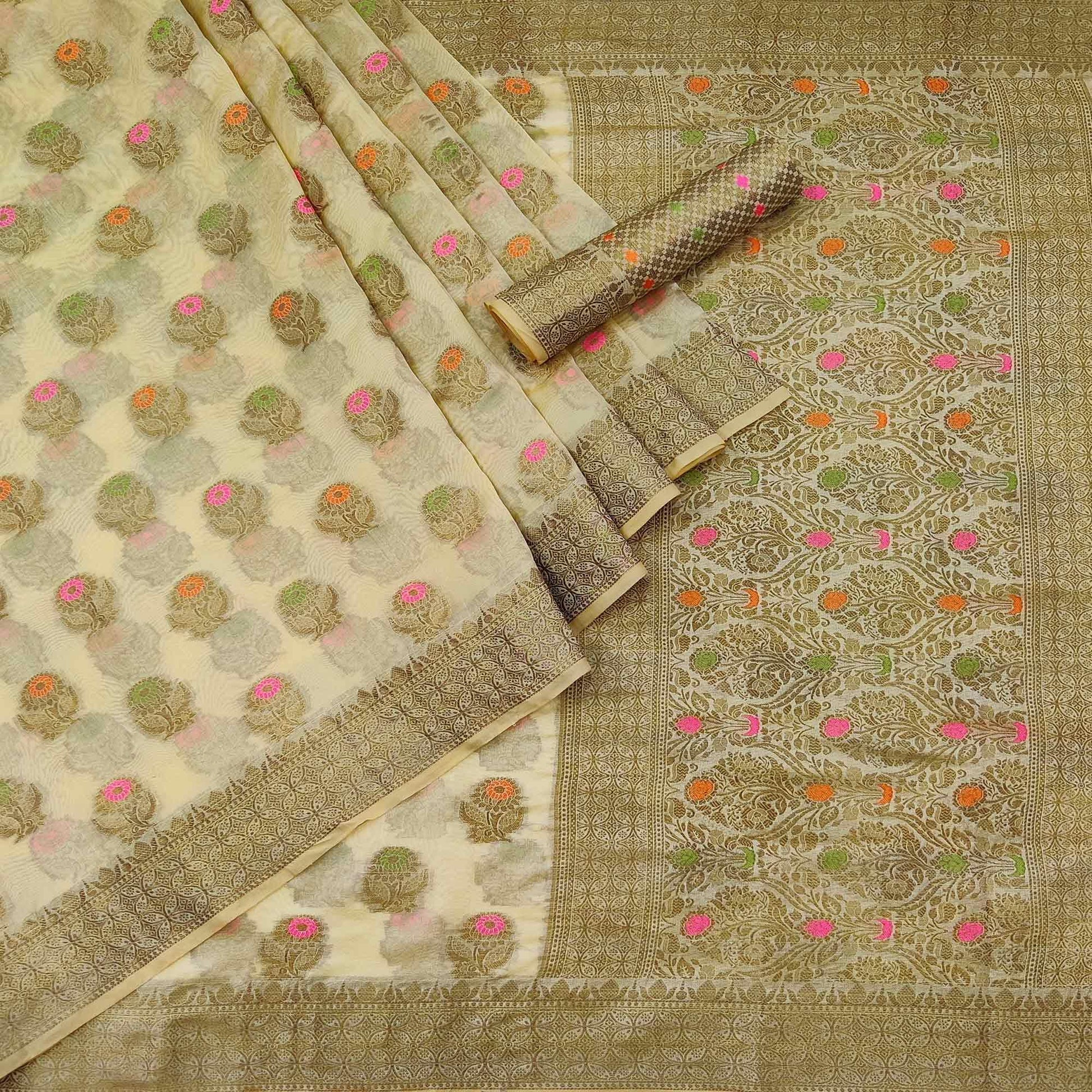 Cream Woven Organza Saree