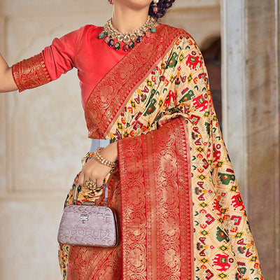 Cream Woven Patola Art Silk Saree