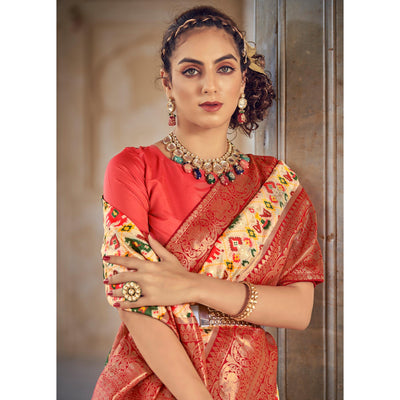 Cream Woven Patola Art Silk Saree