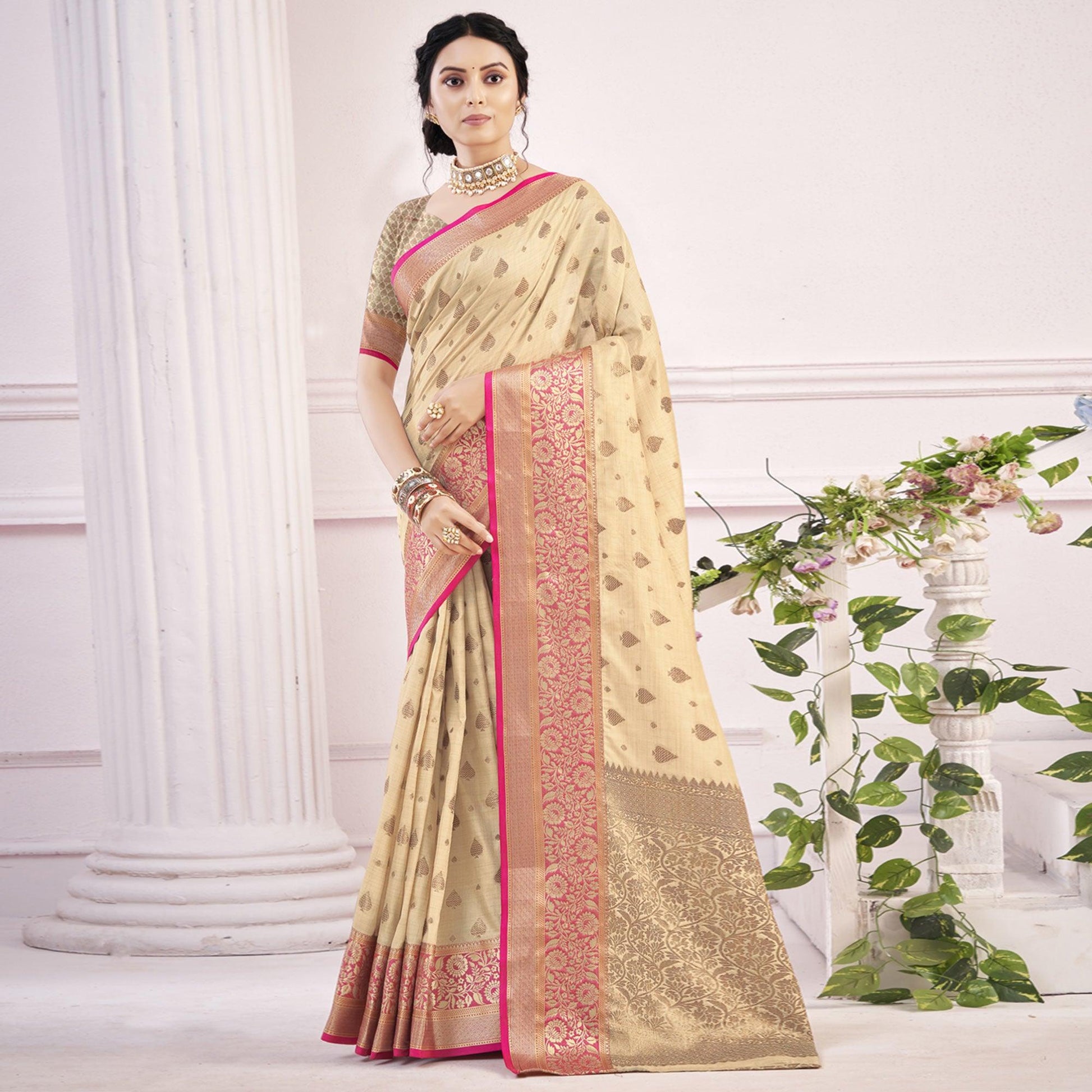 Cream Woven Cotton Blend Saree