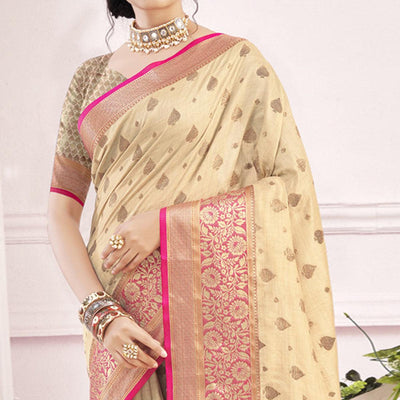 Cream Woven Cotton Blend Saree