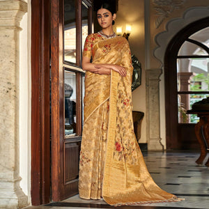 Cream Woven With Printed Cotton Silk Saree With Tassels