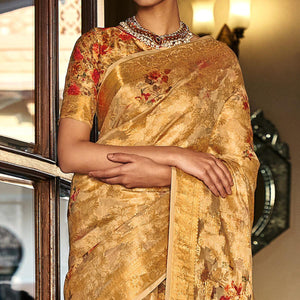 Cream Woven With Printed Cotton Silk Saree With Tassels