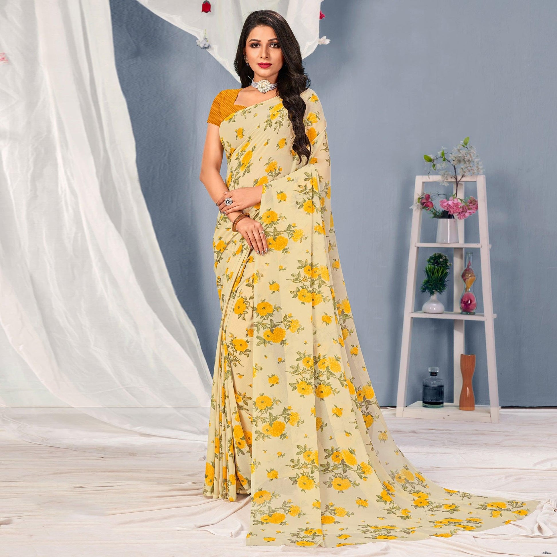 Cream-Yellow Floral Printed Georgette Saree