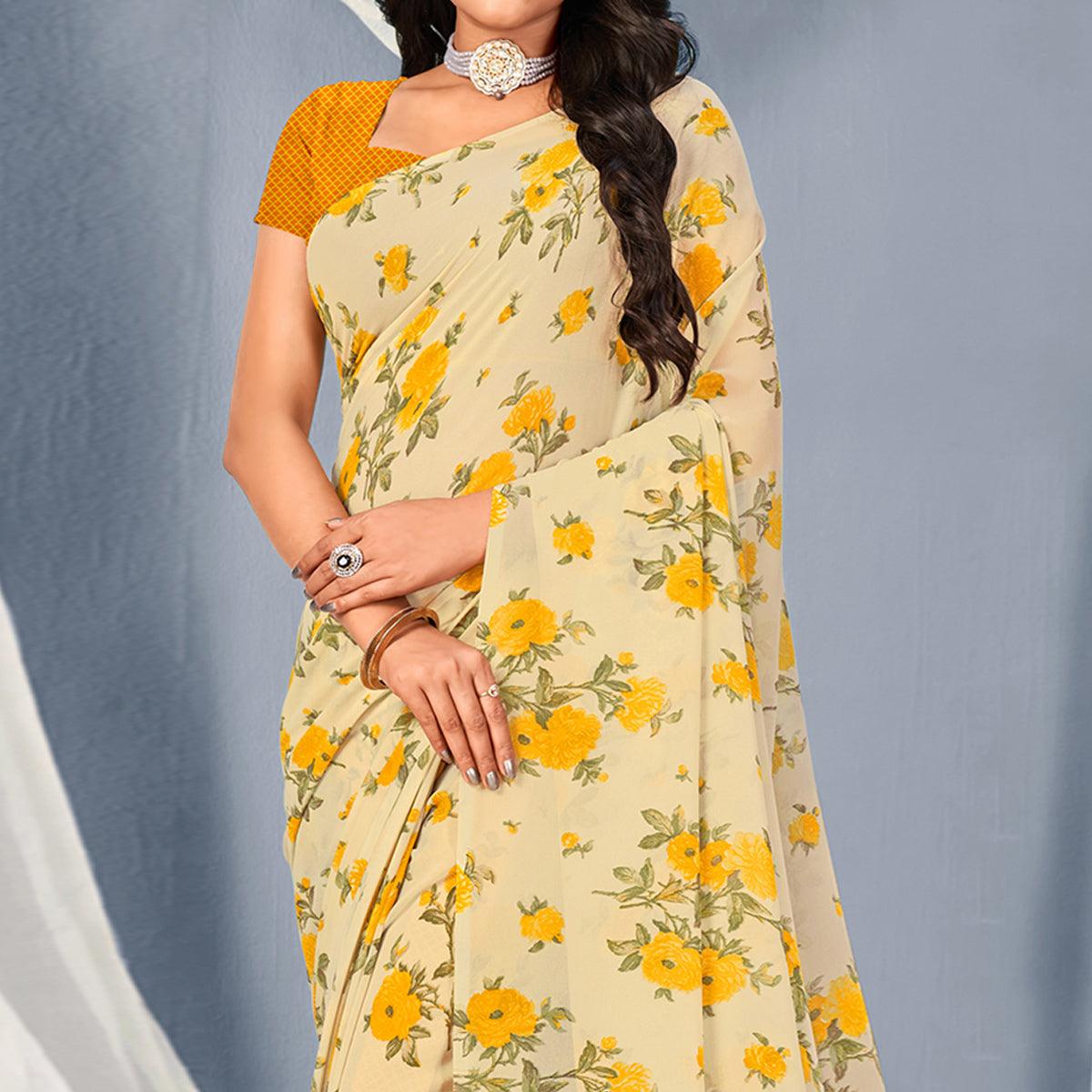 Cream-Yellow Floral Printed Georgette Saree