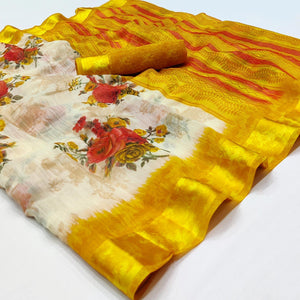 Cream-Yellow Floral Printed Linen Saree