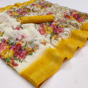 Cream-Yellow Floral Printed Linen Saree