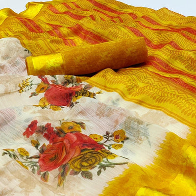 Cream-Yellow Floral Printed Linen Saree