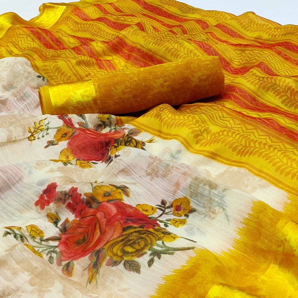 Cream-Yellow Floral Printed Linen Saree