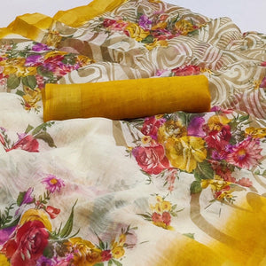 Cream-Yellow Floral Printed Linen Saree