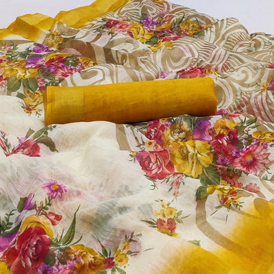 Cream-Yellow Floral Printed Linen Saree