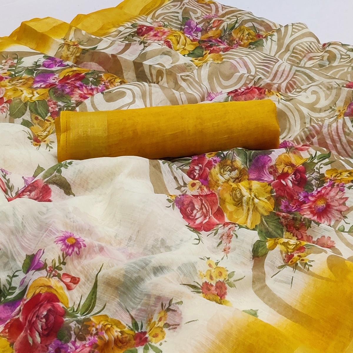 Cream-Yellow Floral Printed Linen Saree