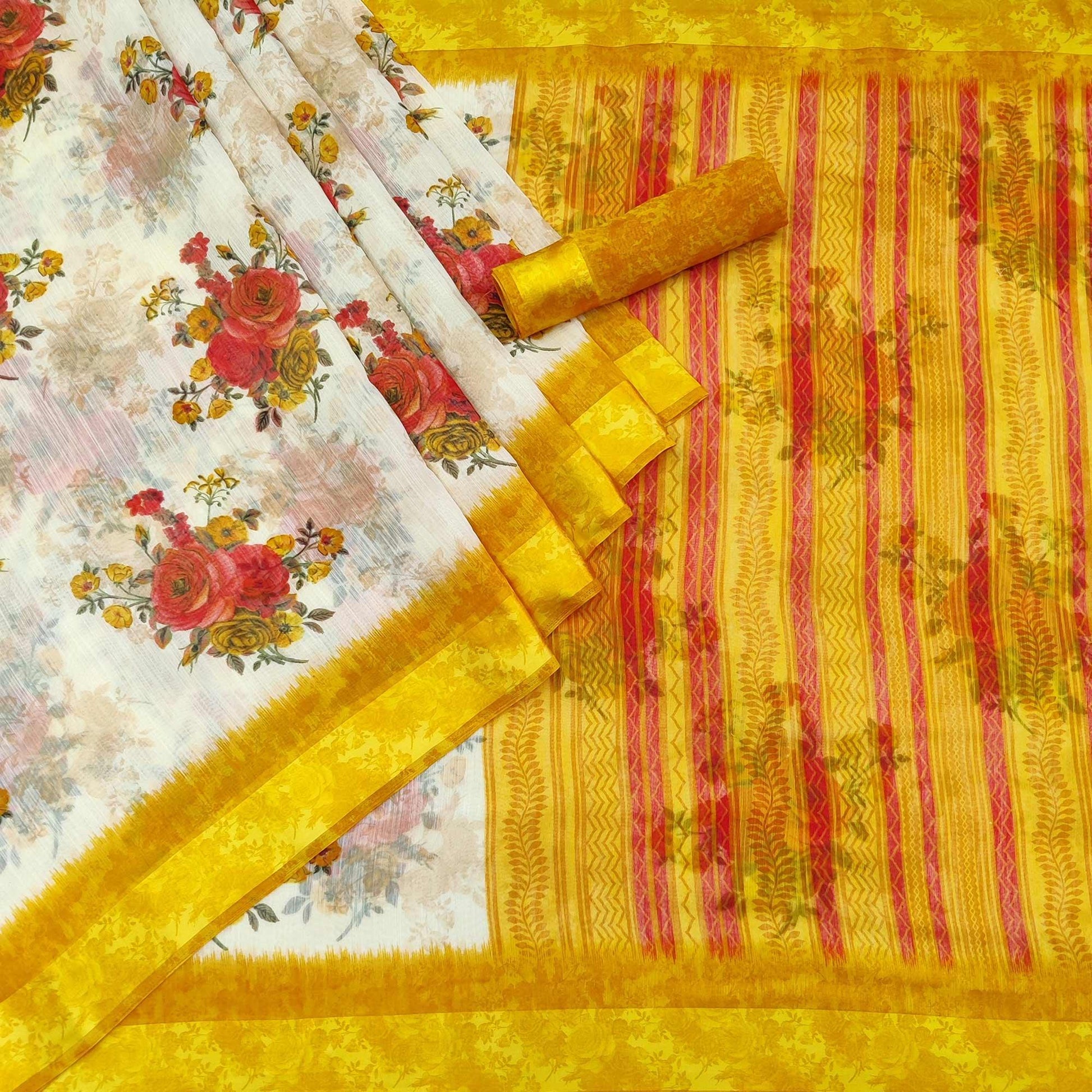 Cream-Yellow Floral Printed Linen Saree