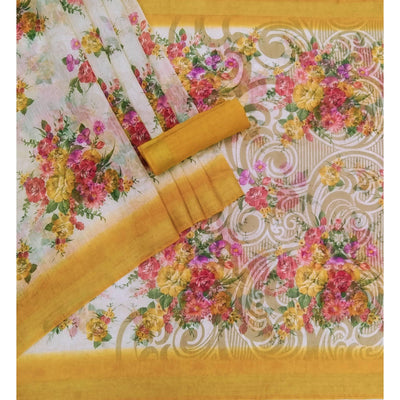 Cream-Yellow Floral Printed Linen Saree