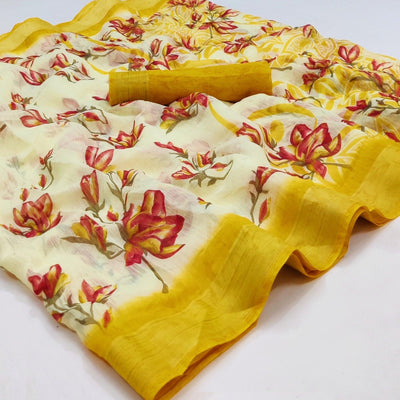 Cream-Yellow Printed Linen Saree