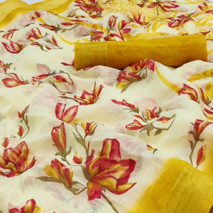 Cream-Yellow Printed Linen Saree