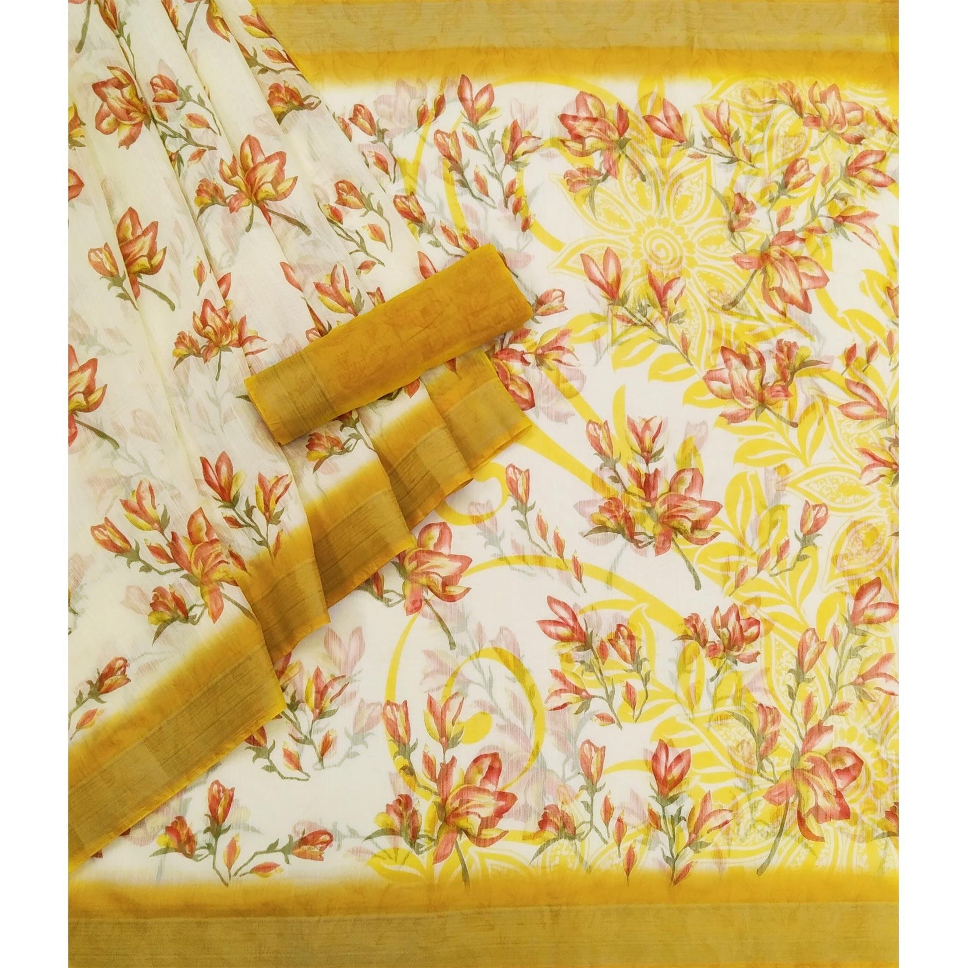 Cream-Yellow Printed Linen Saree