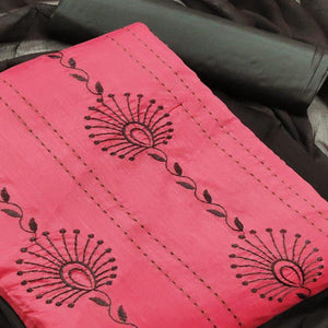 Crimson Red - Brown Embroidered Chanderi Dress Material