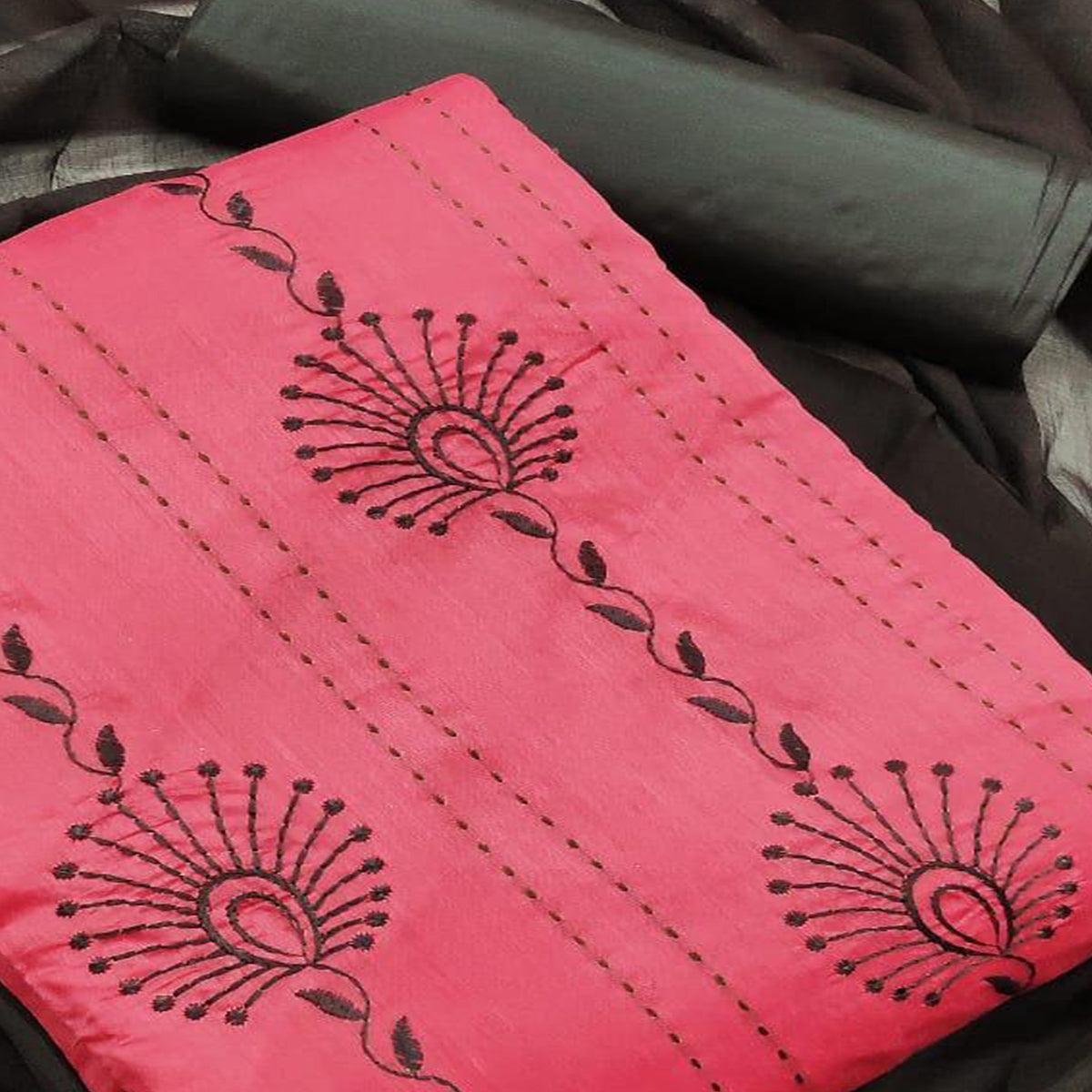 Crimson Red - Brown Embroidered Chanderi Dress Material