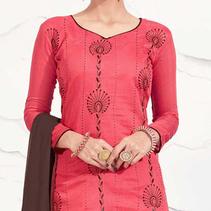 Crimson Red - Brown Embroidered Chanderi Dress Material