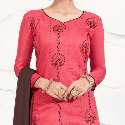 Crimson Red - Brown Embroidered Chanderi Dress Material