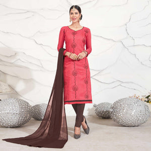 Crimson Red - Brown Embroidered Chanderi Dress Material