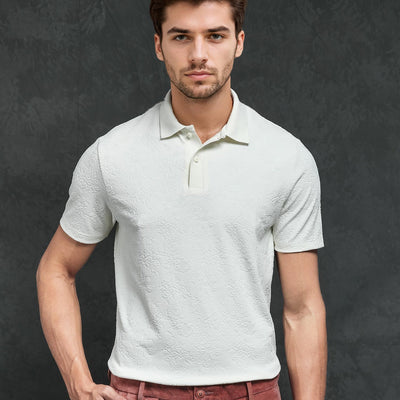 Rare Rabbit Men's Criuse Off-White Polyester Fabric Collared Neck Half Sleeve Floral Jacquard Polo T-Shirt