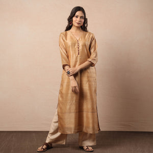 Beige - Bhagalpuri Handwoven Desi Tussar Silk Long Kurta