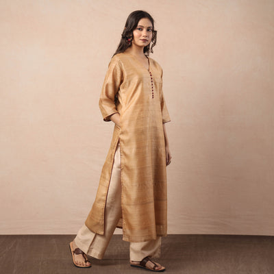 Beige - Bhagalpuri Handwoven Desi Tussar Silk Long Kurta