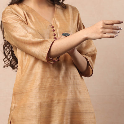 Beige - Bhagalpuri Handwoven Desi Tussar Silk Long Kurta