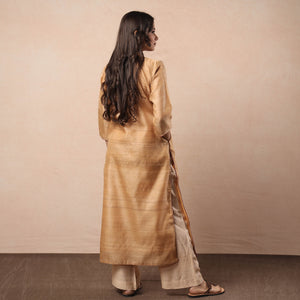 Beige - Bhagalpuri Handwoven Desi Tussar Silk Long Kurta