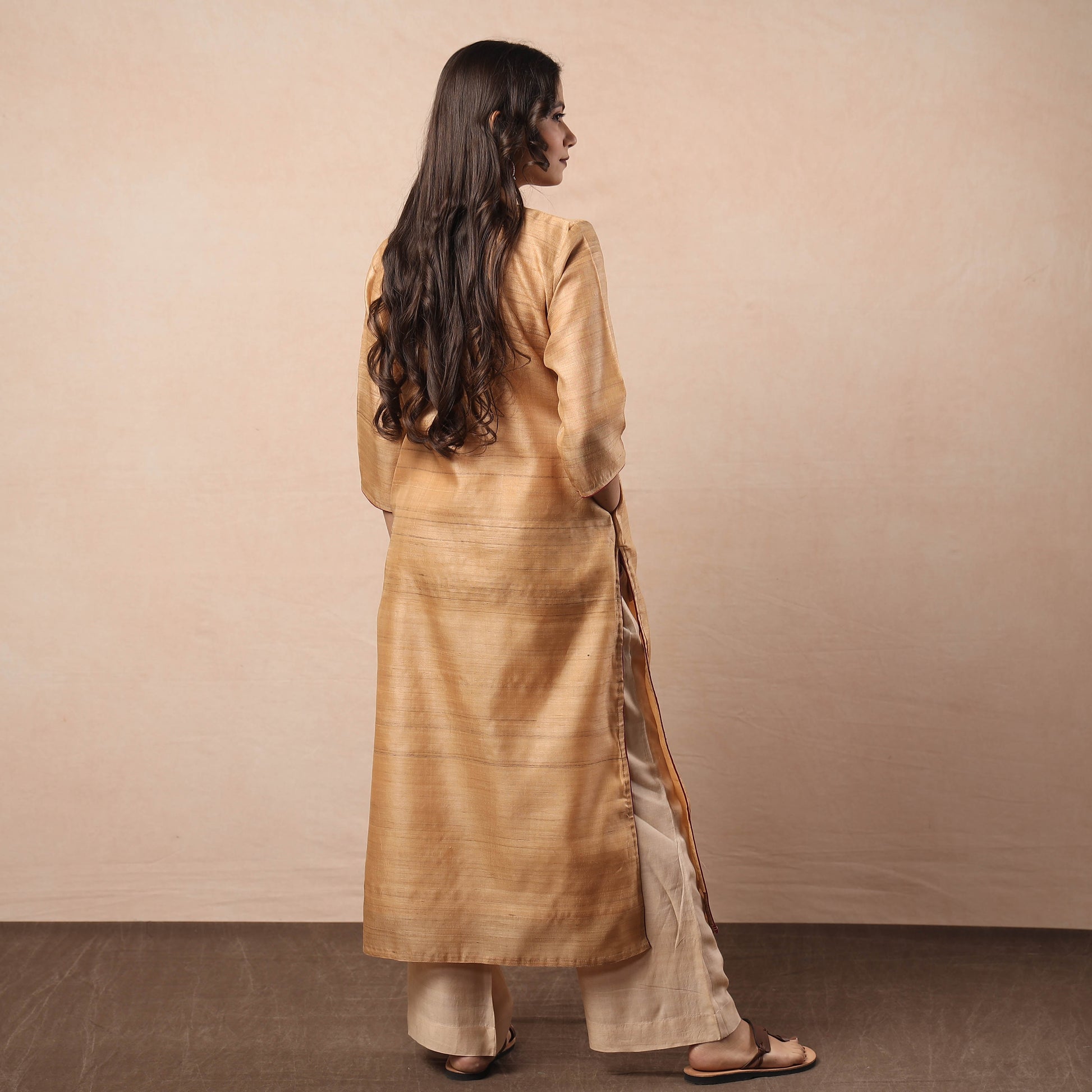 Beige - Bhagalpuri Handwoven Desi Tussar Silk Long Kurta