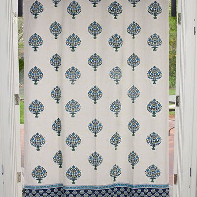 Royal Blue Floral Bouquet Cotton Grommet Curtain