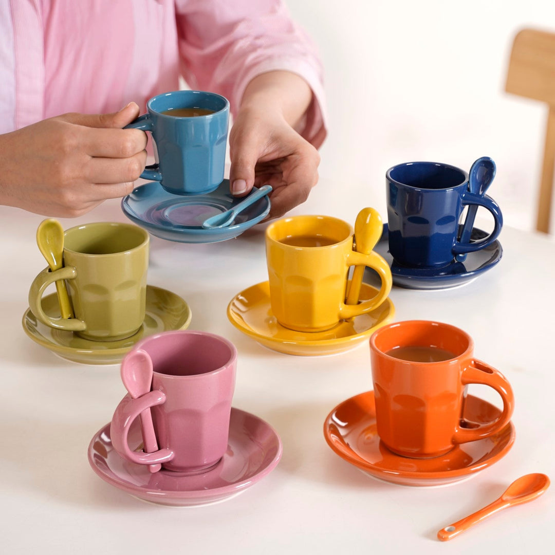 Small Espresso Tea Cup With Saucer And Spoons Set Of 6 Multicolour 100ml