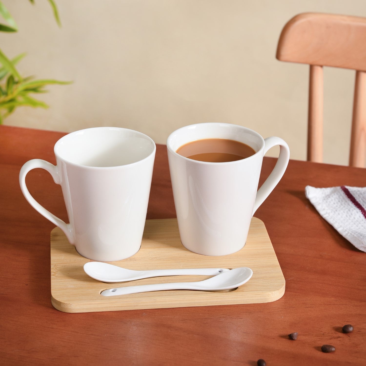 Coffee Mugs And Spoons With Wooden Tray For Two 350ml