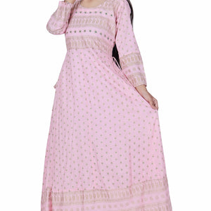Pink Printed Cotton Flared Kurta