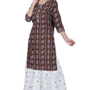 Brown Printed Cotton Kurta and Skirt Set