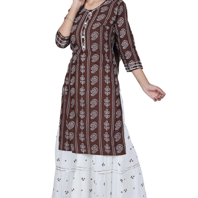 Brown Printed Cotton Kurta and Skirt Set