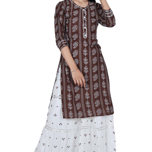 Brown Printed Cotton Kurta and Skirt Set