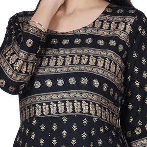Black Printed Cotton Flared Kurta