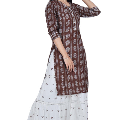 Brown Printed Cotton Kurta and Skirt Set