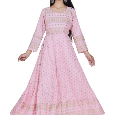 Pink Printed Cotton Flared Kurta