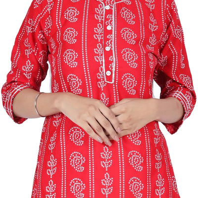 Red Printed Cotton Kurta and Skirt Set
