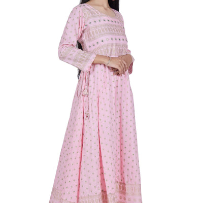 Pink Printed Cotton Flared Kurta
